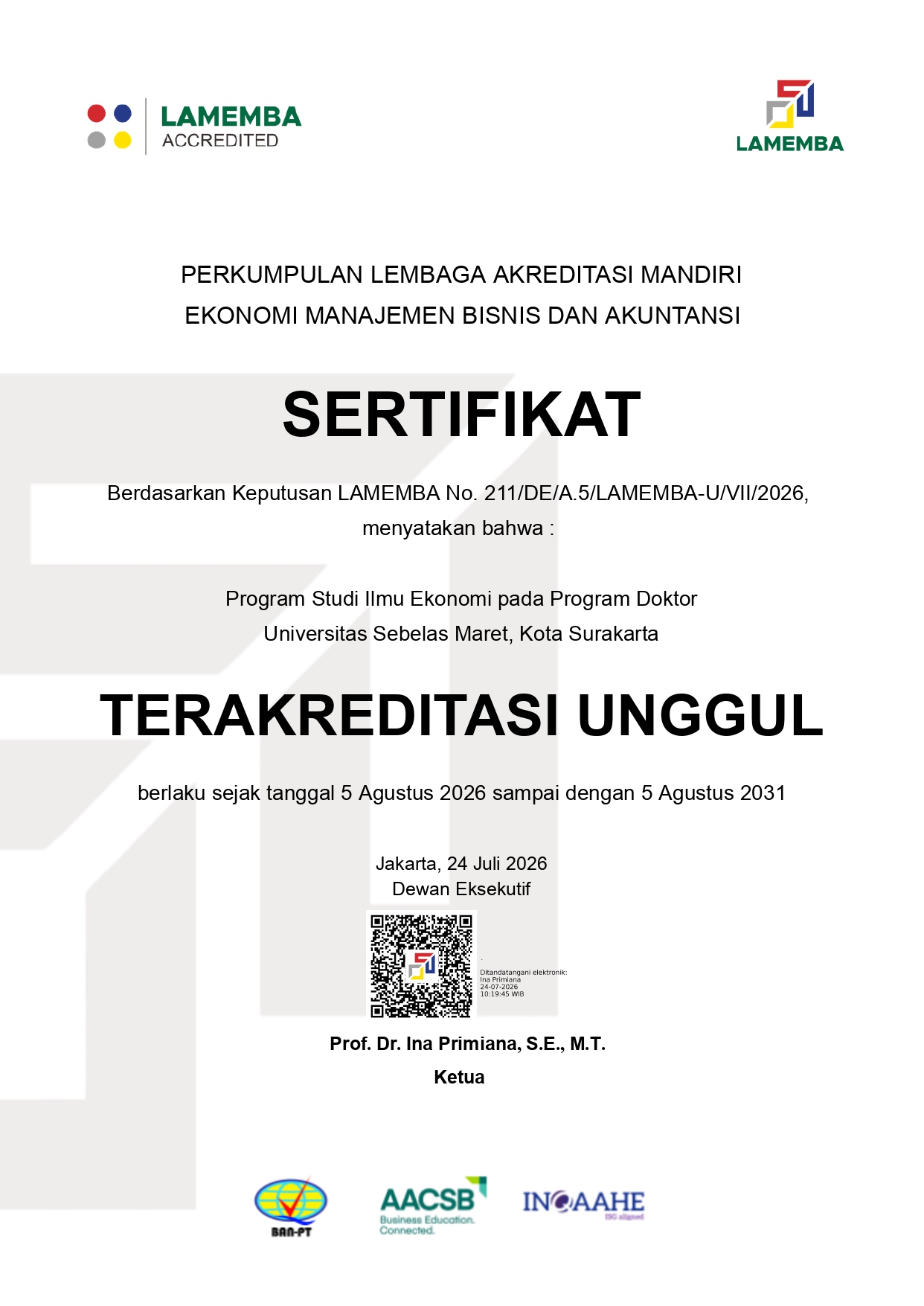 PDIE FEB UNS Kembali Raih Akreditasi Unggul LAMEMBA